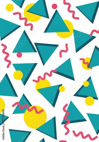 Repeating pattern of abstract geometric shapes featuring teal triangles and bright yellow circles on a white background