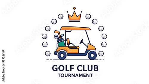 Golf club tournament logo with a golf cart, bag of clubs, and a golden crown surrounded by a circle of golf balls.