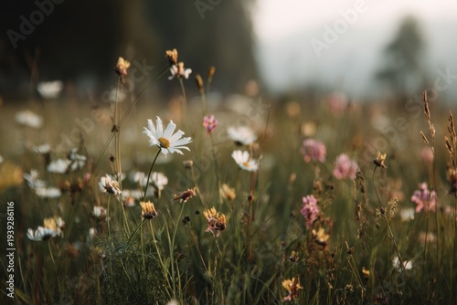 Beautiful wildflowers on a green meadow. Warm summer evening