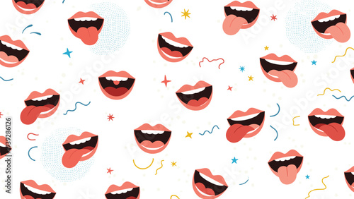 Fun and expressive seamless pattern of open mouths with tongues sticking out surrounded by colorful stars and squiggly lines.