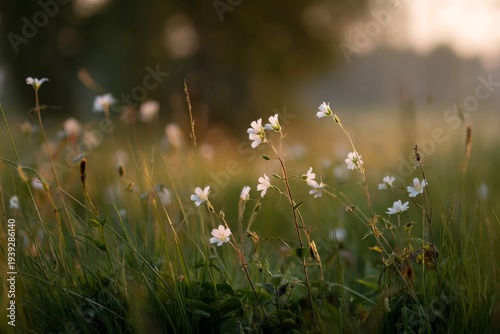 Beautiful wildflowers on a green meadow. Warm summer evening