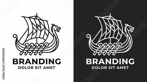 A sleek black and white logo featuring a Viking ship, symbolizing adventure and exploration, ideal for brands associated with travel, history, or nautical themes.