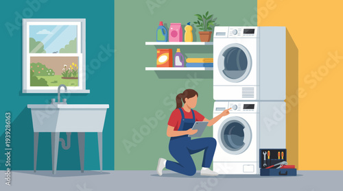 A bright, organized laundry space showcasing modern washing machines, emphasizing functionality and cleanliness in home environments amid a stylish and efficient design.