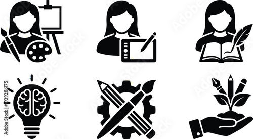 Creative Woman with Art Supplies and Brainstorming Icons
