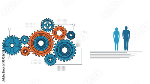 Male and female silhouettes standing next to a complex mechanism of interconnected blue and orange gears on a white background.