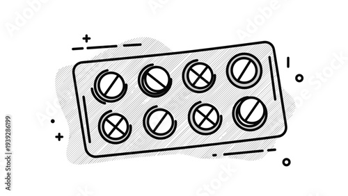 Illustration of a medical blister pack containing several round pills in a sketchy hand drawn style with decorative elements.