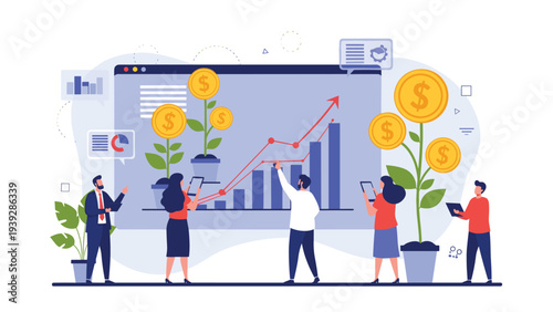 Group of business professionals analyzing financial growth charts on a large screen with money plants symbolizing success and investment.