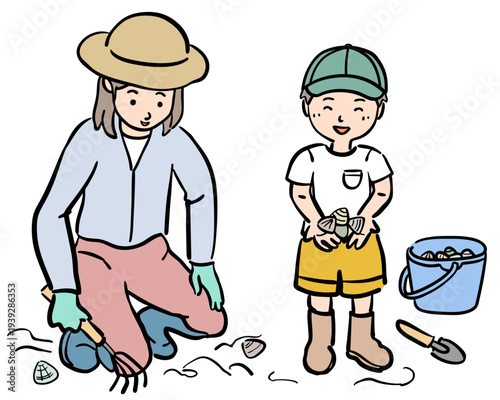 潮干狩りをする親子のイラスト