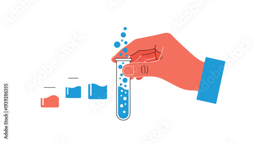 Red hand holding a glass test tube filled with blue bubbling liquid representing chemical experiments and scientific research.