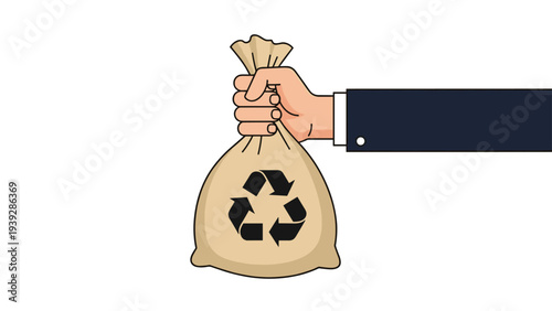 Businessman's hand holding a brown burlap sack with a black recycling symbol representing sustainable business and environment care.