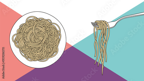 Plate of spaghetti next to a fork twirling some pasta against a colorful geometric background of pink, purple, and blue.