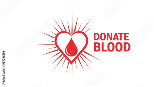 Red heart symbol with a blood drop inside and the words donate blood written in bold red letters on a white background.