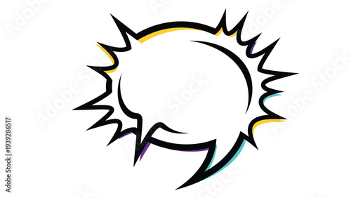 Empty comic book style speech bubble with jagged edges and colorful outlines for dialogue or emphasis on a white background.