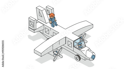 Isometric illustration of a large white propeller plane with two figures sitting on and inside the cockpit on a white background.