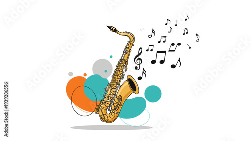 Golden saxophone illustration with floating black music notes and colorful abstract circular shapes on a white background.