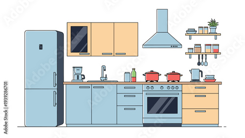 Modern and clean kitchen interior with blue cabinets, a light wood countertop, stove, sink, and various cooking appliances.