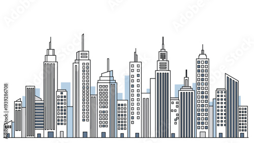 Linear illustration of a city skyline with various tall buildings and skyscrapers in shades of blue and white on a white background.