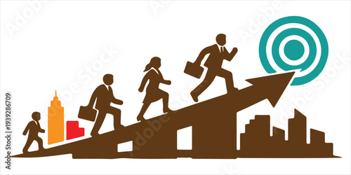 A black vector illustration featuring a group of business people, a fitness woman, and a family with a child walking as silhouettes on the street