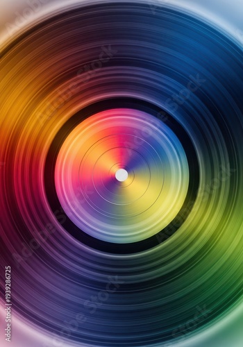 Concentric circles display vibrant spectral colors creating an abstract swirling motion effect.
