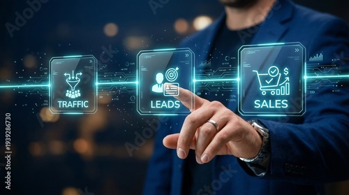 Businessman analyzing digital marketing metrics on futuristic interface