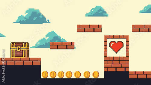 Pixel art side scrolling game level with a wooden treasure chest, coins, brick platforms, and a heart in a window.