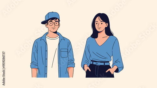 Portrait of a young man wearing a cap and glasses standing next to a young woman with long dark hair on a beige background.