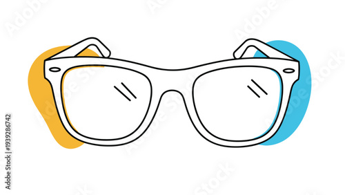 Simplified line drawing of a pair of eyeglasses with two large colorful abstract shapes in the background for vision themes.