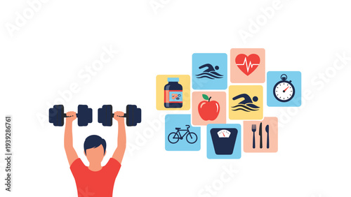 Man lifting heavy dumbbells next to various fitness icons representing healthy lifestyle choices and regular physical exercise.