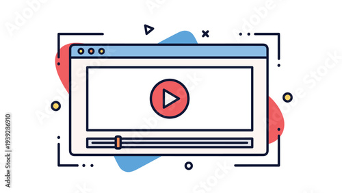 Digital video player window interface with a red play button and progress bar surrounded by abstract colorful shapes.