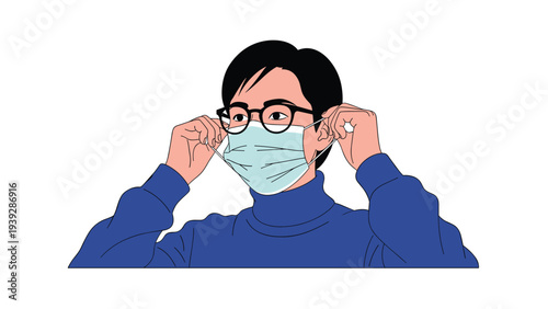 Person wearing glasses carefully putting on a blue protective surgical face mask for safety and hygiene during a pandemic.
