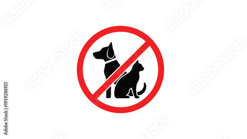 Prohibited sign showing black silhouettes of a dog and a cat behind a red circle with a diagonal slash for no pets allowed.