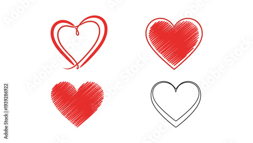Collection of four different red and black heart sketches in various hand drawn styles including scribble and outline designs.