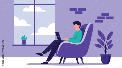 Man sitting in a purple armchair and working on a laptop at home in a cozy room with a window and a potted plant.