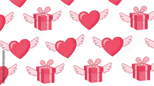 Cute romantic pattern background showing flying pink hearts and gift boxes with white wings on a clean white background.