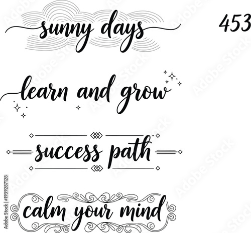 Four motivational phrases with decorative elements and numerical value