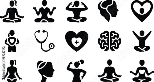 Black Silhouette Icons of People Meditating, Exercising, and Healthcare Symbols