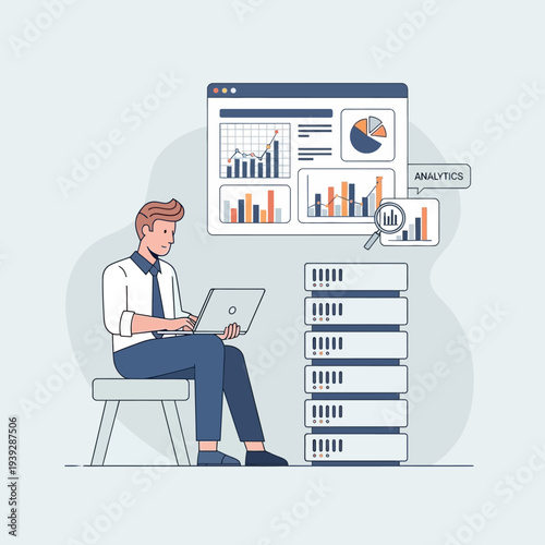 Man analyzing data on laptop next to server racks, business analytics concept