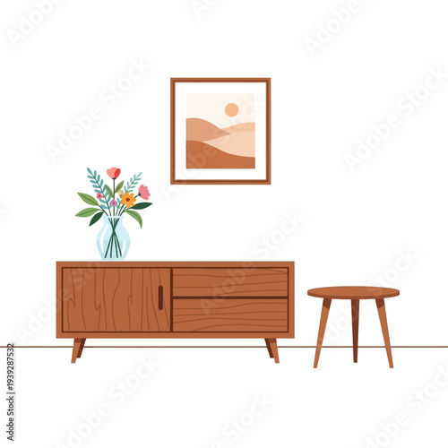 Mid-century modern sideboard with flowers and abstract art in a minimalist room