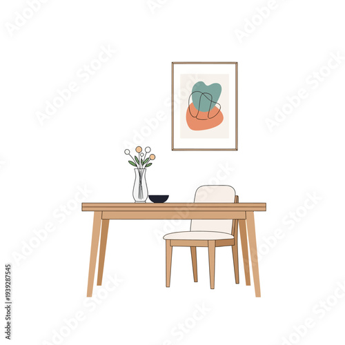 Minimalist Dining Room: Table, Chair, Vase with Flowers, and Abstract Art