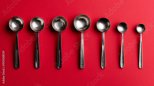 Wallpaper Mural Top view of a row of seven shiny silver metal measuring ladles of various sizes arranged on a vibrant red background, kitchen tools. Torontodigital.ca