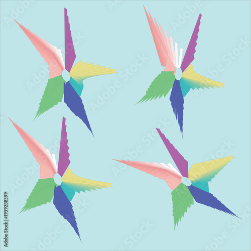 A vibrant abstract geometric design featuring star-like corner frames made from layered fan shapes in bright gradient colors including pink, yellow, green, and blue. The artwork forms a repeating corn