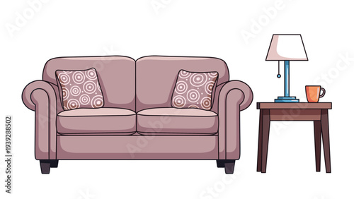 Comfortable two-seater sofa with decorative pillows, positioned next to a side table featuring a lamp and a coffee cup, perfect for a cozy living space.