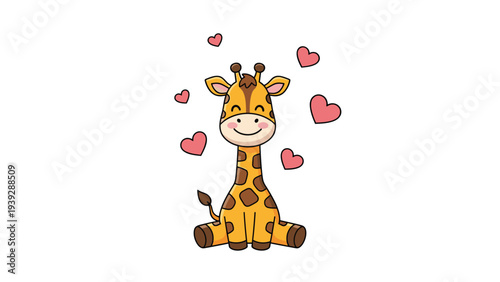 Adorable cartoon baby giraffe sitting happily with a big smile, surrounded by floating pink hearts, conveying love and cuteness.