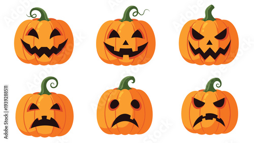 Collection of six classic Halloween jack-o-lantern pumpkins displaying a range of spooky and funny carved facial expressions, perfect for festive decorations.