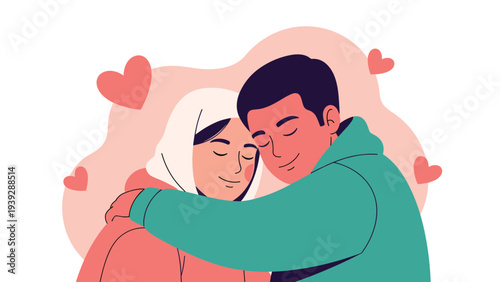 Tender illustration of a loving couple embracing each other closely, surrounded by floating hearts, symbolizing affection and togetherness.