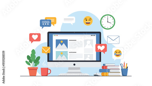 Desktop computer screen surrounded by various social media, communication, and productivity icons, symbolizing online interaction and digital lifestyle.