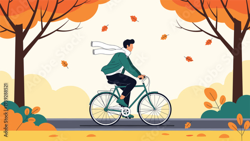 Man riding a bicycle on a road lined with trees, featuring vibrant orange autumn leaves falling around him, capturing a beautiful seasonal scene.