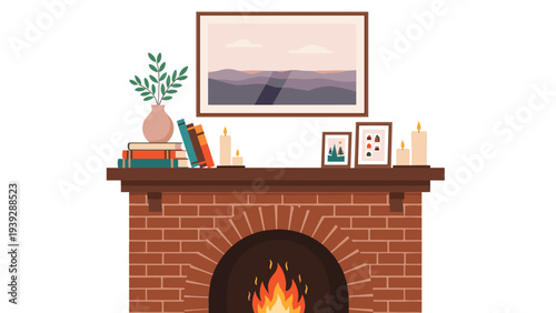 Cozy brick fireplace with a roaring fire, beautifully decorated with books, candles, and framed pictures, creating a warm and inviting atmosphere.