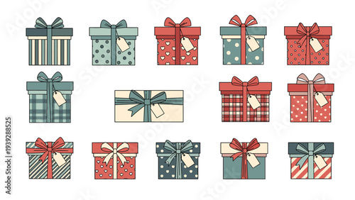 Extensive collection of colorful gift boxes in various patterns and sizes, each adorned with ribbons and blank tags, ideal for celebrations.