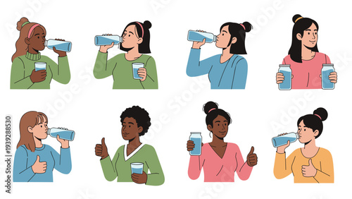 Diverse group of men and women, portrayed in various poses, staying hydrated by drinking water from glasses and reusable bottles.